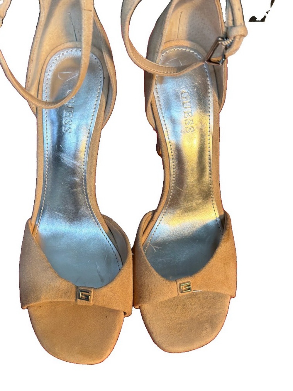 GUESS Tan Suede Ankle Strap Open-Toe Heels size 7M Vtg